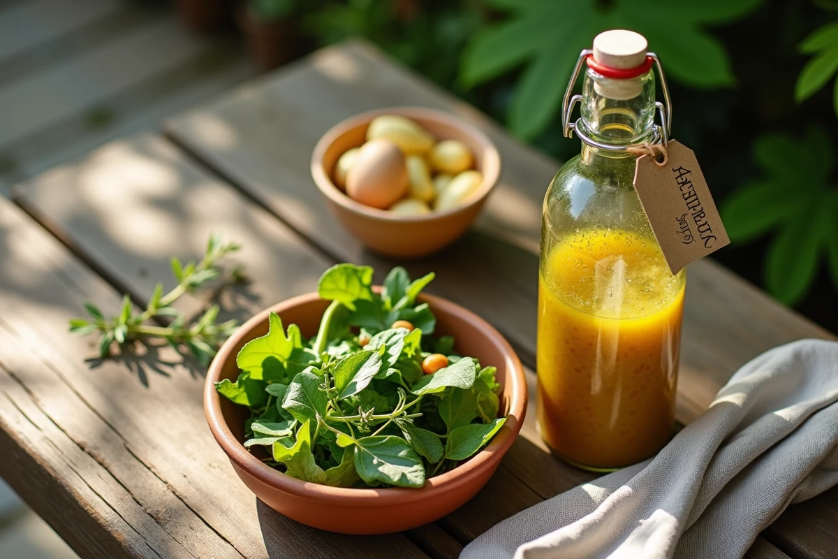 Bouteille de vinaigrette maison sur une table en bois avec salade verte en terrasse, ambiance repas champêtre français