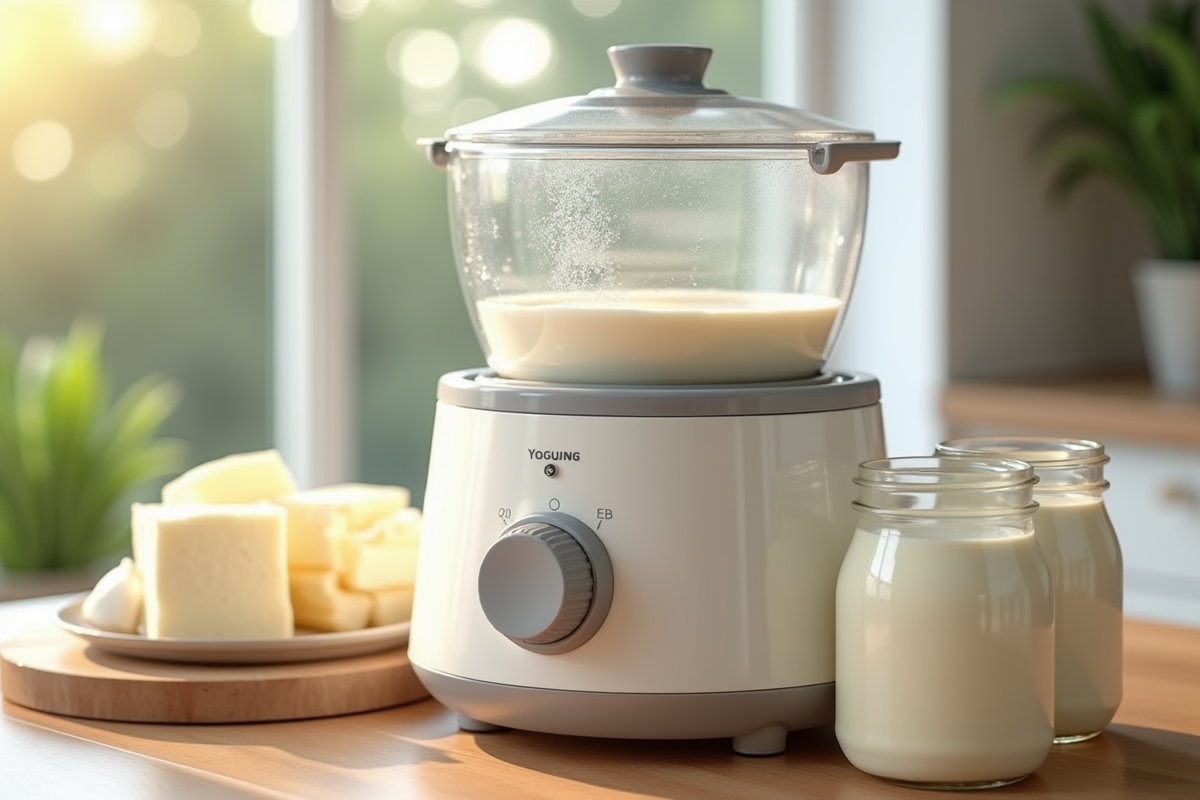 Yaourtière électrique avec pots de yogourt dans une cuisine moderne